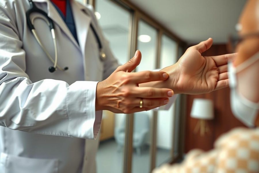 Doctor in scrubs and mask examines a patient, checking their pulse. Healthcare professional in a medical setting, focused on patient care and wellness. Bright and clean environment.