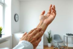 Close-up of hands in a modern office setting, with a clean, minimalist aesthetic. The image features a person in a white shirt, showcasing a bright, airy workspace with greenery and a gray chair. Professional, office, workspace.