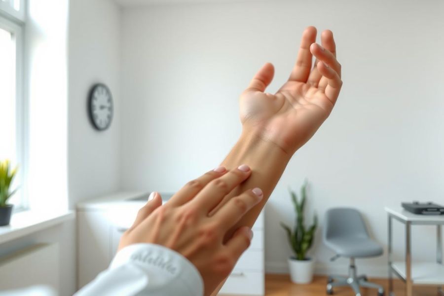 Close-up of hands in a modern office setting, with a clean, minimalist aesthetic. The image features a person in a white shirt, showcasing a bright, airy workspace with greenery and a gray chair. Professional, office, workspace.
