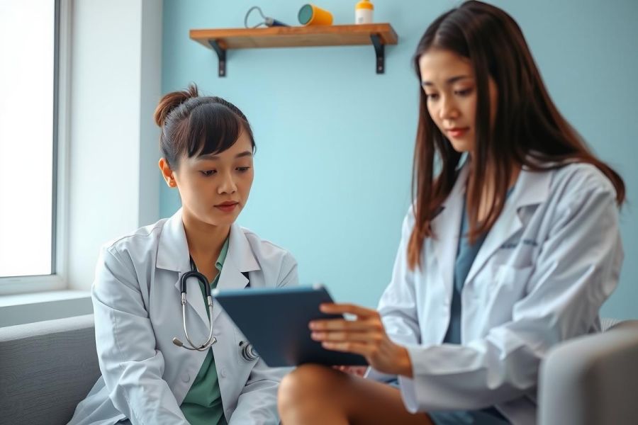 Two female doctors in white coats examine a tablet, likely reviewing patient data or medical records. The scene suggests a consultation or discussion within a healthcare setting.