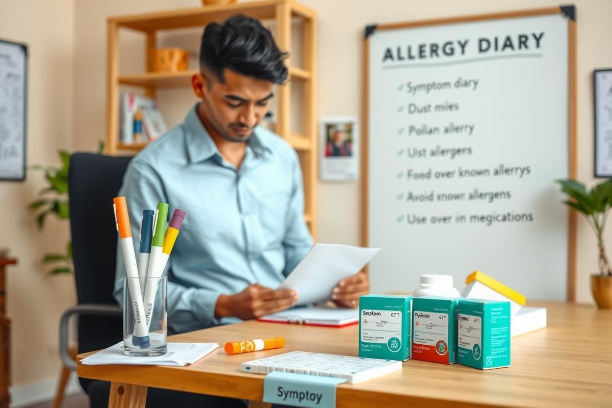 The image shows a person sitting at a desk, engaged in work. The individual is focused on papers or documents placed on the desk in front of them. On the desk, there are various items that suggest an office setting: a cup, pens, and what appears to be medical supplies or allergy medication.