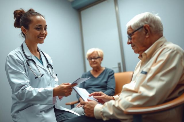 Doctor examining a senior patient during a consultation. Healthcare professional reviewing documents with an elderly man in a clinical setting. Focus on patient care and medical checkup.