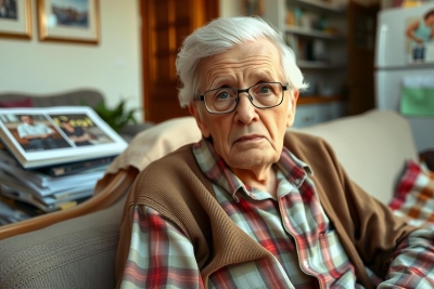The image features an elderly man seated on a couch in a living room. He has silver hair and is wearing glasses, with a serious or thoughtful expression on his face. The man is dressed casually with plaid shirt and sweater. 