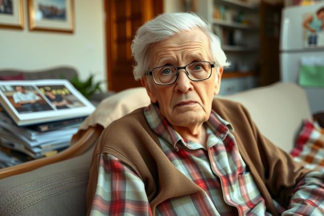 The image features an elderly man seated on a couch in a living room. He has silver hair and is wearing glasses, with a serious or thoughtful expression on his face. The man is dressed casually with plaid shirt and sweater. 