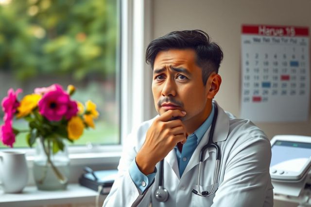 The image portrays a male physician sitting in an office environment. He is dressed in medical attire including a white lab coat and a stethoscope hanging around his neck, suggesting he is a healthcare professional.