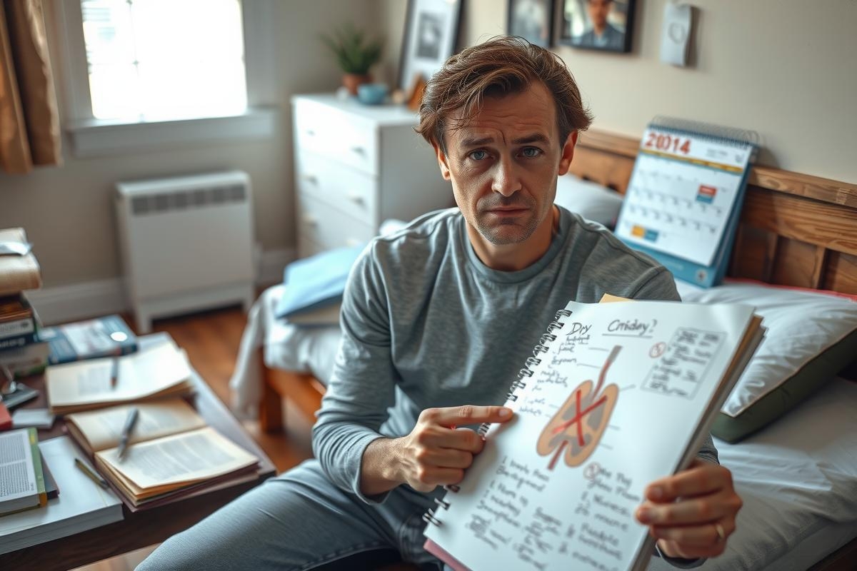 The image features a man in casual attire, sitting on a bed and looking at a notebook he's holding.