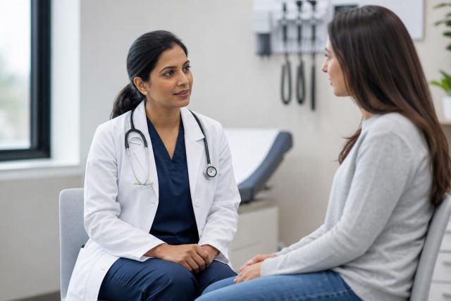 Doctor consulting attentively with a patient in a calm clinical examination room.