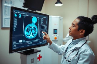 The image shows a medical professional in a modern hospital setting. The person is wearing a white lab coat and appears to be interacting with medical imagery displayed on a large, wall-mounted screen. The color palette consists of neutral tones dominated by whites, grays, and blues that reflect the sterile nature of healthcare environments.