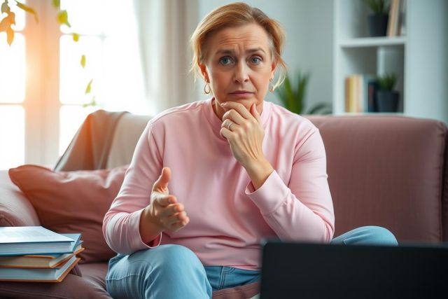 The image shows a woman sitting on a couch, with a concerned or puzzled expression. She's wearing a pink shirt and blue jeans. On the table in front of her is a laptop and some books that are slightly out of focus. The room has soft lighting and a cozy ambiance, suggesting an indoor setting.
