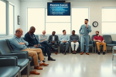 A group of men in a medical office talking to a doctor. One man is wearing brown shoes, and another has on blue jeans.