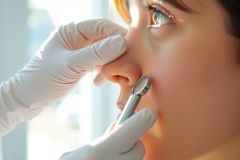 Close-up of a doctor examining a patient's eye with an otoscope. Medical professional wearing gloves, focused on eye health. Healthcare setting, likely an examination room.