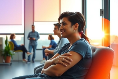 The image shows a group of diverse individuals seated in a modern office environment during daylight. There is a young woman prominently featured, smiling and looking towards the camera with her hands crossed over her chest.
