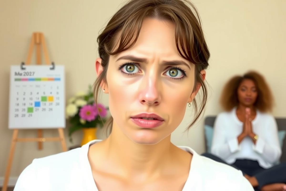The image is a screenshot from a video featuring a woman looking distraught while another person appears to be in the background. The environment suggests an indoor setting, possibly a home or office.
