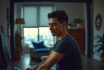 The image features a young man sitting on a couch in an indoor room. He is looking down at a mobile device in his hands, which he holds with both hands. The room has a modern decor with neutral colors and natural light coming from the windows.