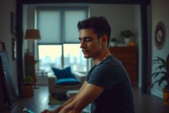 The image features a young man sitting on a couch in an indoor room. He is looking down at a mobile device in his hands, which he holds with both hands. The room has a modern decor with neutral colors and natural light coming from the windows.