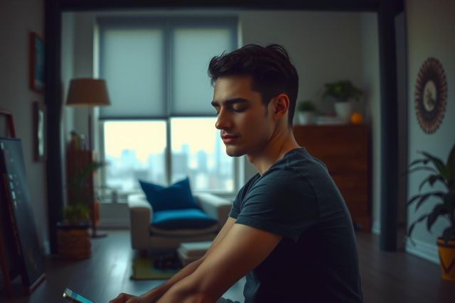 The image features a young man sitting on a couch in an indoor room. He is looking down at a mobile device in his hands, which he holds with both hands. The room has a modern decor with neutral colors and natural light coming from the windows.