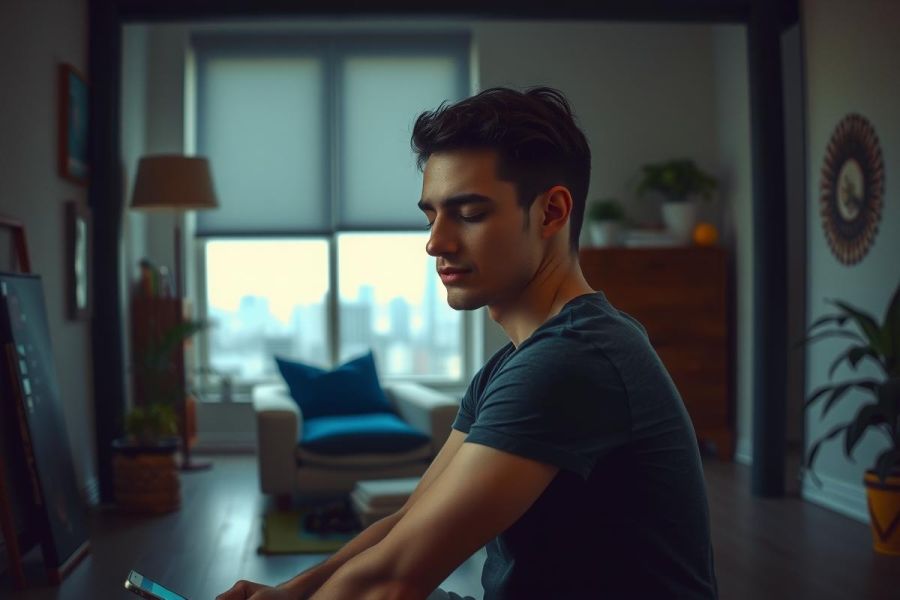 The image features a young man sitting on a couch in an indoor room. He is looking down at a mobile device in his hands, which he holds with both hands. The room has a modern decor with neutral colors and natural light coming from the windows.