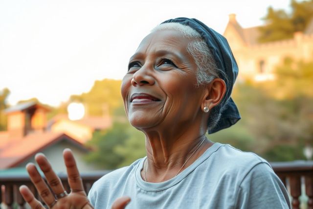 The image shows an older woman with short hair and a content smile on her face. She is wearing a grey t-shirt and has her hands gently raised, as if she's about to touch something or perhaps gesturing towards it.
