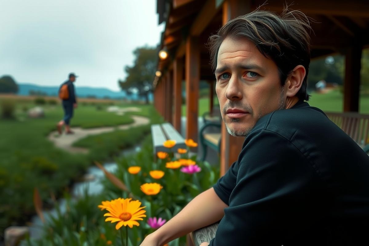 In the image, a man with short hair is seated on a bench outdoors. He has a contemplative expression and appears to be looking off to the side. The setting includes a pathway leading through an area with plants and flowers, suggesting it might be a park or garden setting. The color palette of the image is soft with natural tones that evoke a peaceful atmosphere.