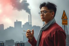 The image shows a young man standing in front of an industrial cityscape. He is wearing a dark red jacket, and he appears to be smoking. The environment includes buildings that look like factories or warehouses emitting smoke into the air. There are also signs indicating various restrictions or warnings. The color palette consists mainly of dark tones with some orange and yellow hues from the city lights.
