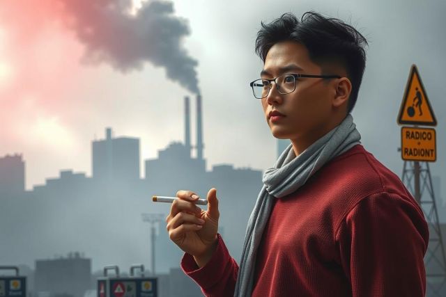 The image shows a young man standing in front of an industrial cityscape. He is wearing a dark red jacket, and he appears to be smoking. The environment includes buildings that look like factories or warehouses emitting smoke into the air. There are also signs indicating various restrictions or warnings. The color palette consists mainly of dark tones with some orange and yellow hues from the city lights.