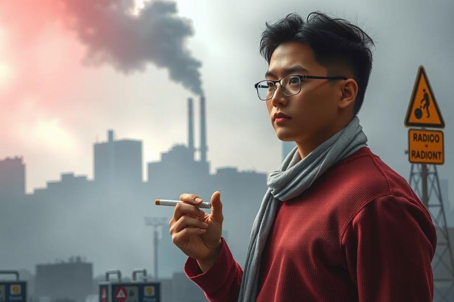 The image shows a young man standing in front of an industrial cityscape. He is wearing a dark red jacket, and he appears to be smoking. The environment includes buildings that look like factories or warehouses emitting smoke into the air. There are also signs indicating various restrictions or warnings. The color palette consists mainly of dark tones with some orange and yellow hues from the city lights.