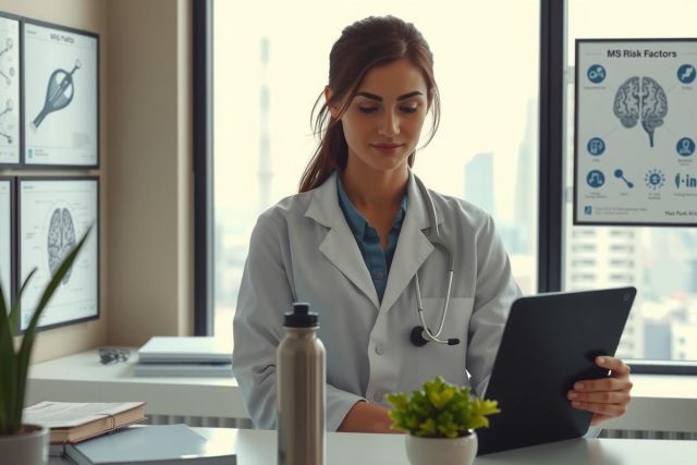A female doctor sitting at a desk with a tablet and medical records, in an office setting.