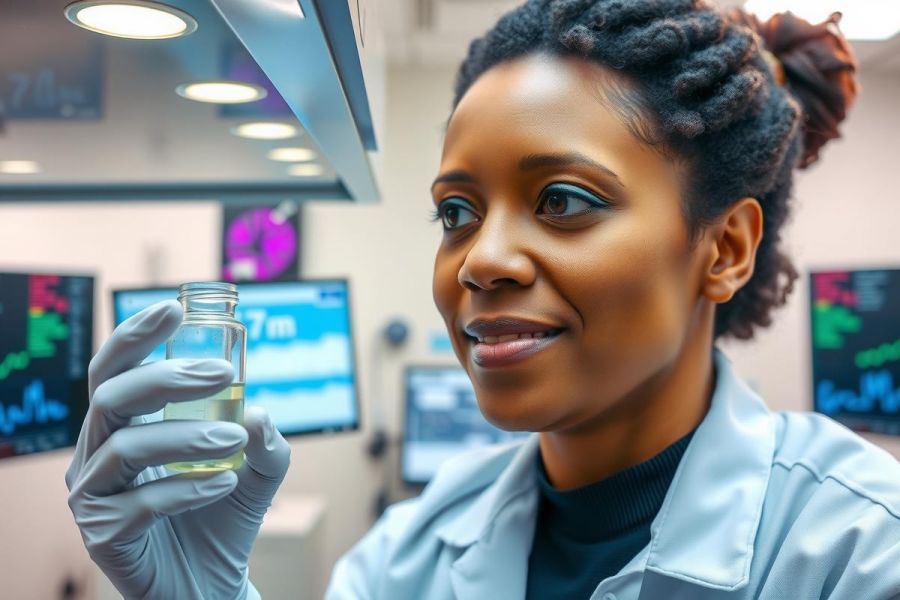 A female scientist in a lab coat examines a liquid sample in a vial, wearing gloves. The scene takes place in a modern laboratory setting with equipment visible in the background. Focus is on scientific research and analysis.
