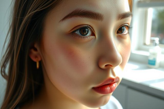 Close-up portrait of a young woman with soft lighting. She has delicate features and a gentle expression, with a blurred window and urban background. Natural light and a serene atmosphere.