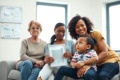 Family portrait: A grandmother, mother, and young boy sit on a couch, looking at a framed photo. Warm lighting and a cozy living room setting create a heartwarming scene of family bonding.