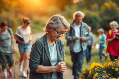 The image depicts a group of elderly individuals, likely in the late afternoon given the warm lighting and long shadows. The focus is on an older woman who seems to be examining something attentively.