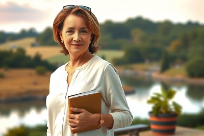 The image features a woman standing in front of a serene landscape. She is holding a book and smiling at the camera, suggesting an author or academic context. The environment appears peaceful with lush greenery and a body of water visible in the background.