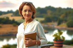 The image features a woman standing in front of a serene landscape. She is holding a book and smiling at the camera, suggesting an author or academic context. The environment appears peaceful with lush greenery and a body of water visible in the background.