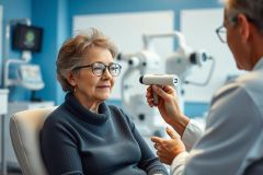 Senior woman receiving an eye exam in a modern ophthalmology clinic. An optometrist uses diagnostic equipment during the checkup. The scene features blue walls, medical devices, and a focus on eye health and vision care for seniors.