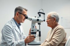 An optometrist examines an elderly patient's eyes in a clinical setting. The doctor, wearing a white coat, uses an ophthalmoscope during an eye exam. Bright, neutral colors dominate the scene, conveying a professional healthcare environment. Focus is on eye care and senior health.