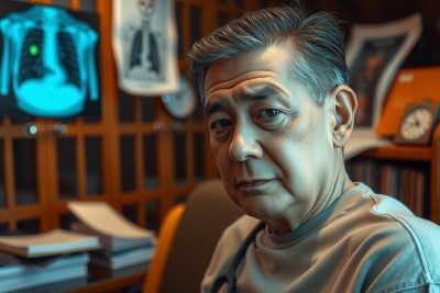 The image shows an older man sitting at a desk in what appears to be a study or office. He has a stern expression on his face and is looking off to the side, away from the camera. The room has various medical posters and diagrams on the wall, suggesting that he may have some connection to healthcare or medicine. The man is wearing casual attire with no visible professional uniform.
