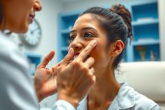 Doctor examining patient's eye during an eye test. Healthcare professional conducting a routine vision checkup in a clinic setting. Focus on eye health and medical examination.