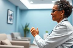 A professional Black female doctor in a light blue medical office setting. She wears glasses and a white coat, listening attentively. The scene conveys healthcare, consultation, and a calm, modern environment with neutral-toned seating.