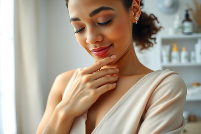 Close-up portrait of a woman with a soft, elegant aesthetic. She's indoors, near a vanity with beauty products, showcasing a serene and luxurious ambiance. The lighting is gentle, highlighting her skin and the delicate fabric of her top.