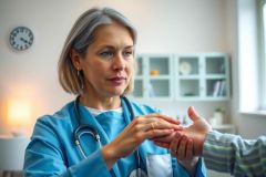 A female doctor in a blue coat examines a patient's hand during an examination in a brightly lit clinic. Focus on healthcare, patient care, and healthcare professionals.
