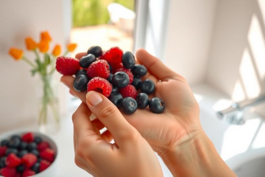 Close-up of hands holding fresh raspberries and blueberries. Vibrant red and blue berries are displayed against a blurred kitchen background with a vase of tulips. A healthy snack or ingredient for baking.