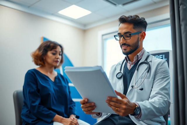 Doctor examining an X-ray with a patient in a medical office. Healthcare professional in a white coat, discussing diagnostics. Blue and white color scheme, bright room, focus on patient care and medical imaging.