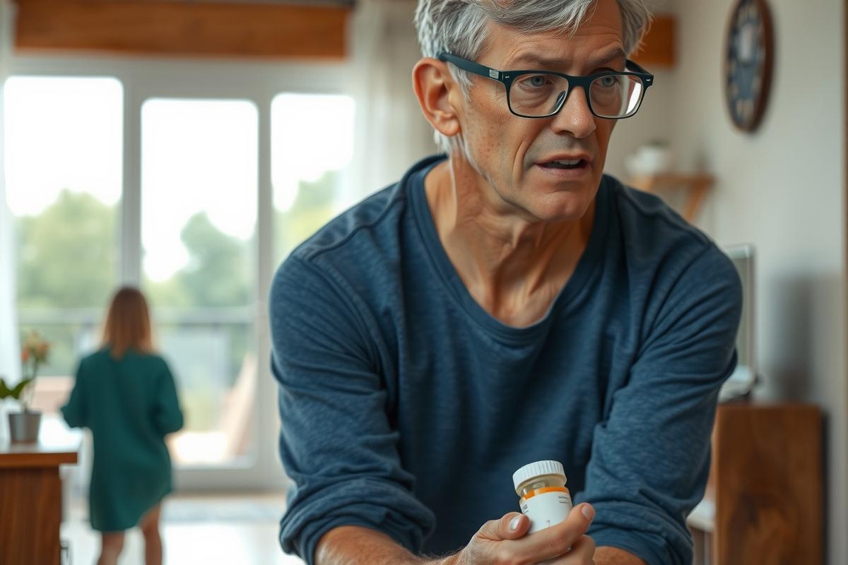 A man, wearing glasses and a grey shirt, is in a kitchen. He is holding two bottles and appears to be reading or inspecting their labels.