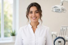 Dentist smiling in bright dental operatory with chair, light, and instruments visible.
