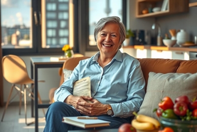 An older woman is sitting in a modern living room, smiling as she reads a book. The room has natural light and plants, creating a warm and cozy atmosphere.