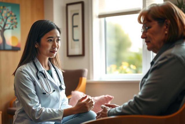 Doctor examining patient during consultation. Healthcare professional in white coat listens attentively to a senior patient in a bright, modern clinic setting. Focus on empathy and care.