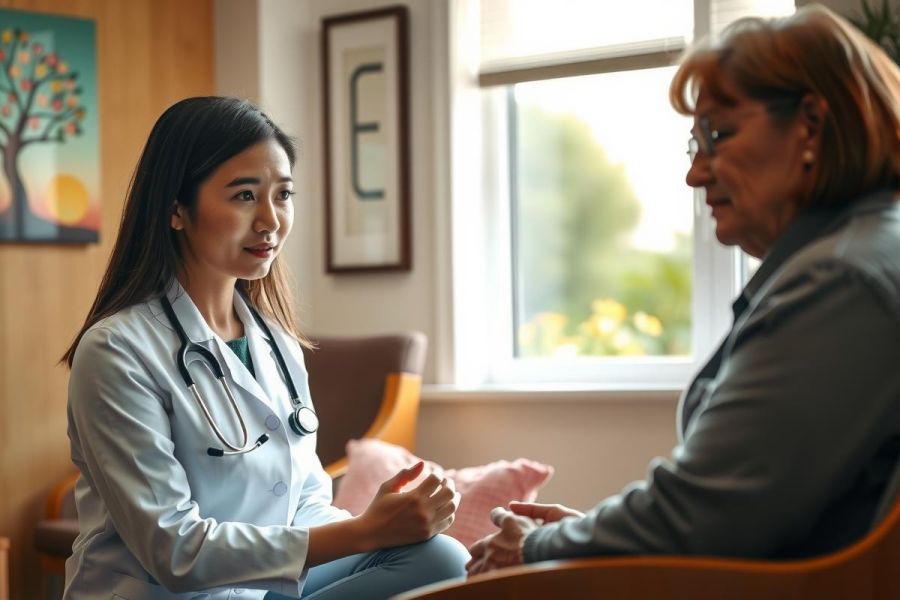 Doctor examining patient during consultation. Healthcare professional in white coat listens attentively to a senior patient in a bright, modern clinic setting. Focus on empathy and care.