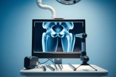 Medical X-ray of hips displayed on a monitor in an operating room setting. Surgical instruments are visible on a table beneath the screen, illuminated by bright overhead lighting. Blue and white tones dominate the image, suggesting a clinical environment and orthopedic focus.