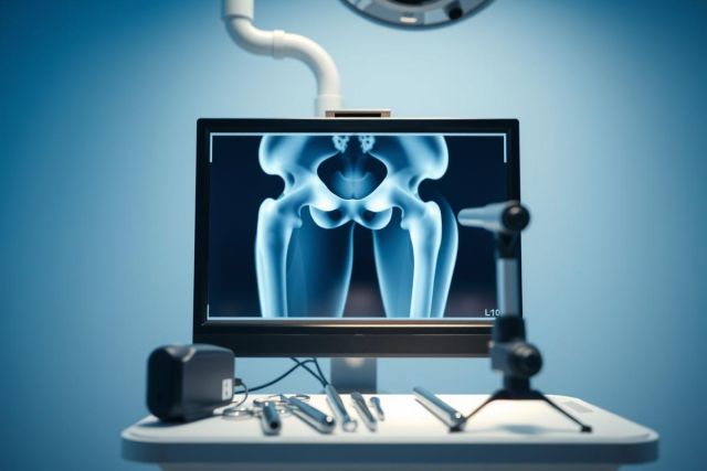 Medical X-ray of hips displayed on a monitor in an operating room setting. Surgical instruments are visible on a table beneath the screen, illuminated by bright overhead lighting. Blue and white tones dominate the image, suggesting a clinical environment and orthopedic focus.