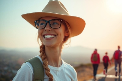 The image depicts a joyful hiking adventure set in a mountainous landscape under bright sunlight. A young woman, with blonde hair, is prominently featured wearing a large brimmed hat and glasses, a backpack, and a white t-shirt. In the background, other hikers can be seen at various points on the trail, each with their own backpack, contributing to an atmosphere of outdoor adventure and camaraderie.
